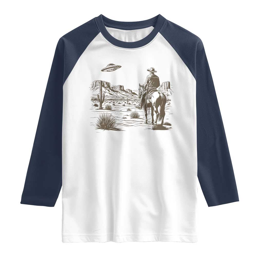 UFO Western Cowboy Raglan Shirt Rodeo Wild West Retro Vintage Graphic TS02 White Navy Print Your Wear