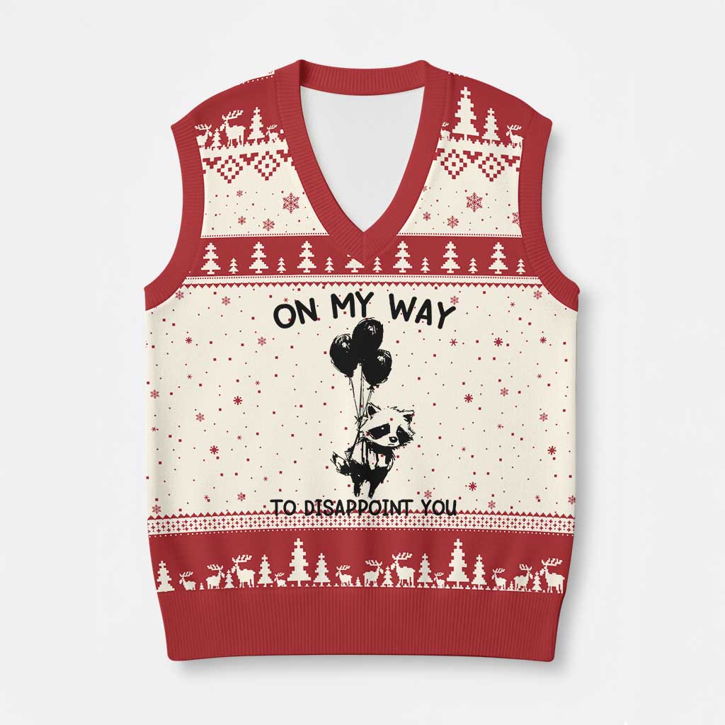 Funny Raccoon 90s Trash Panda V-Neck Knit Sweater Vest On My Way To Disappoint You Mental Health Meme TS02 Beige Red Print Your Wear