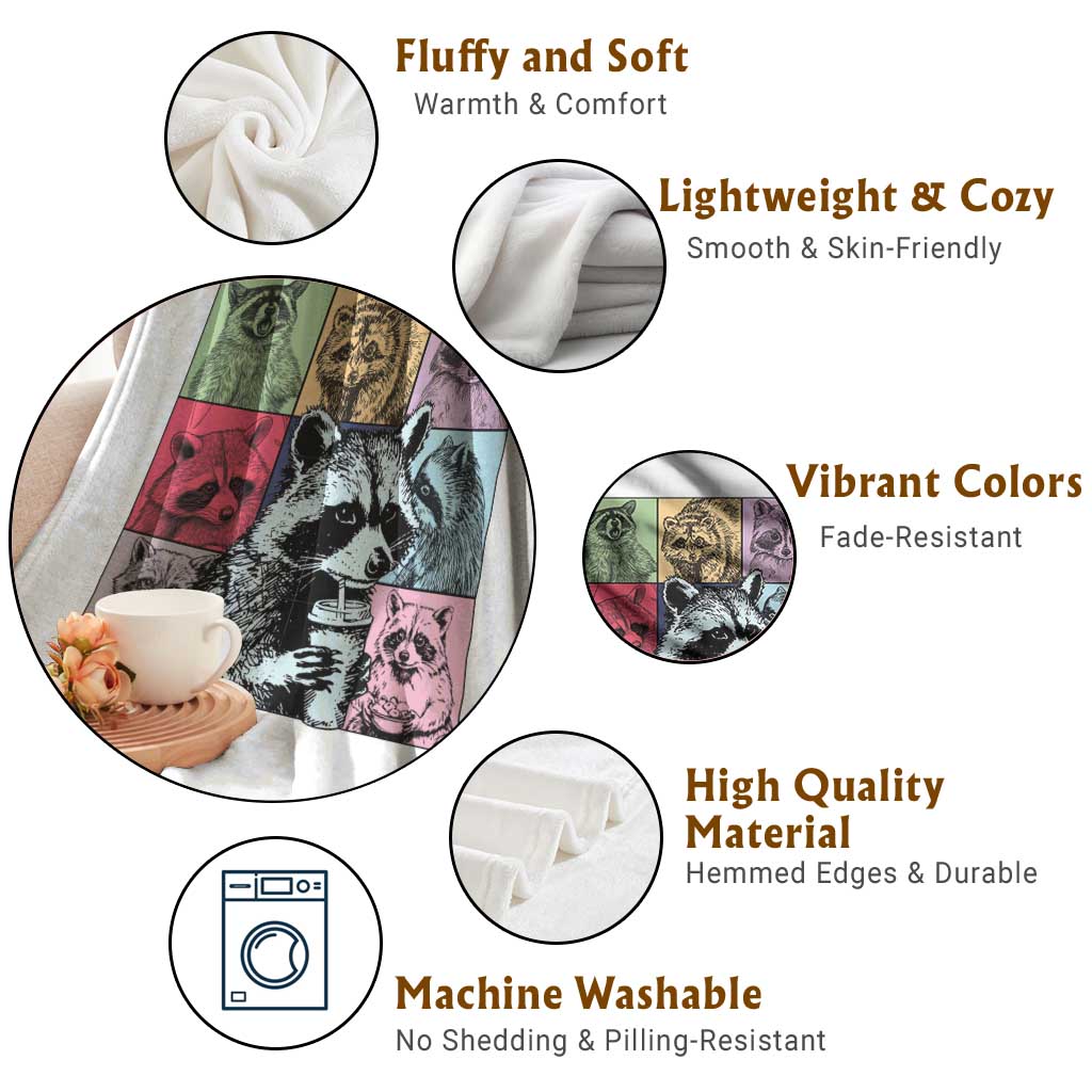 Raccoon Drinking Coffee Graphic Throw Blanket Funny Trash Panda Retro 90s Style TS02 Print Your Wear