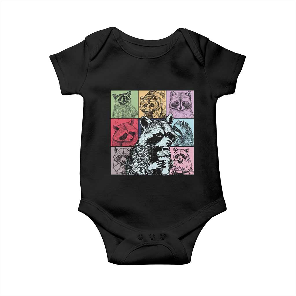 Raccoon Drinking Coffee Graphic Baby Onesie Funny Trash Panda Retro 90s Style TS02 Black Print Your Wear