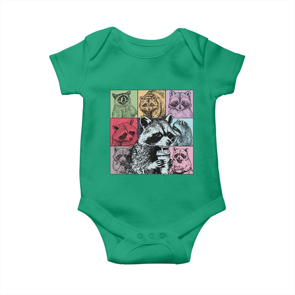 Raccoon Drinking Coffee Graphic Baby Onesie Funny Trash Panda Retro 90s Style TS02 Irish Green Print Your Wear