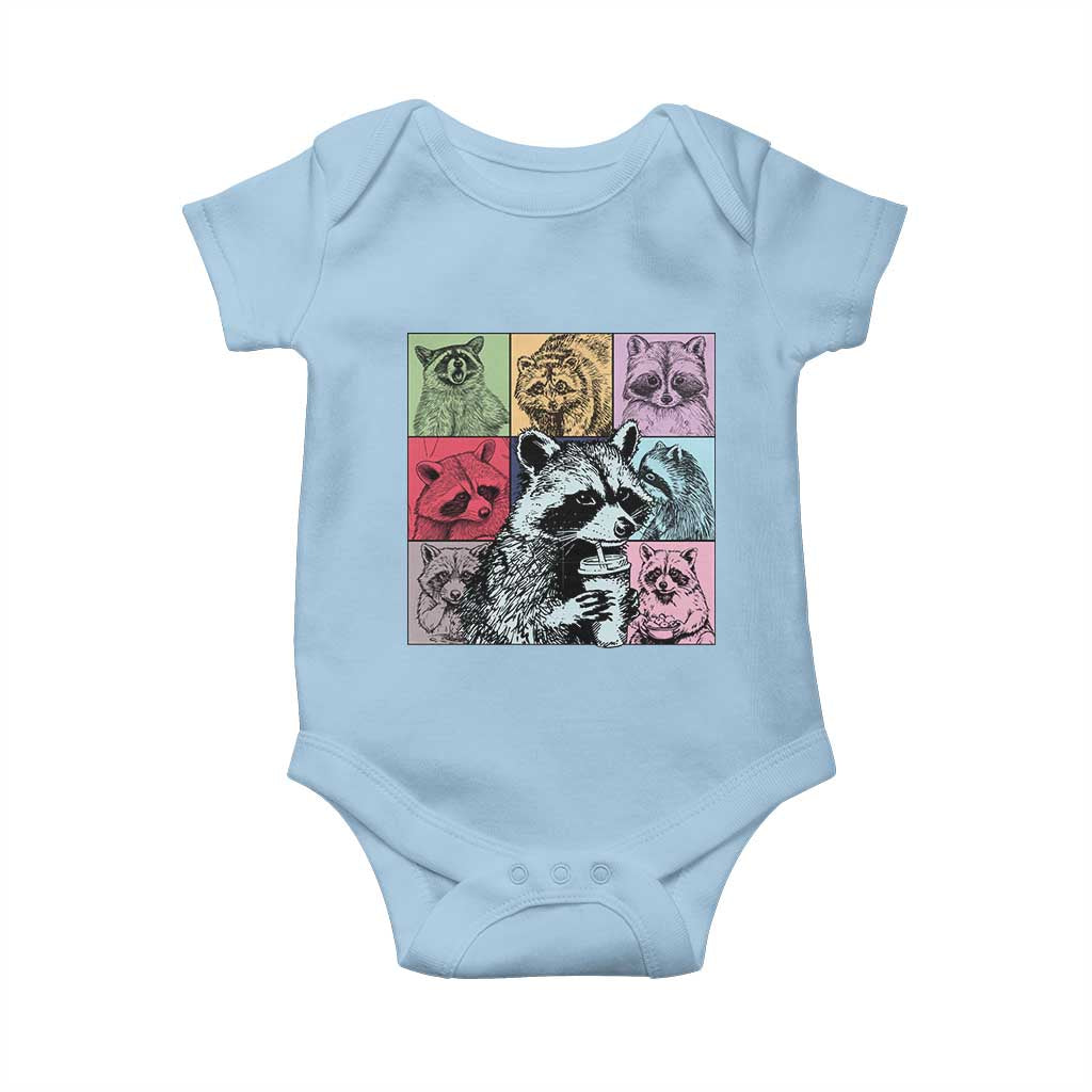 Raccoon Drinking Coffee Graphic Baby Onesie Funny Trash Panda Retro 90s Style TS02 Light Blue Print Your Wear