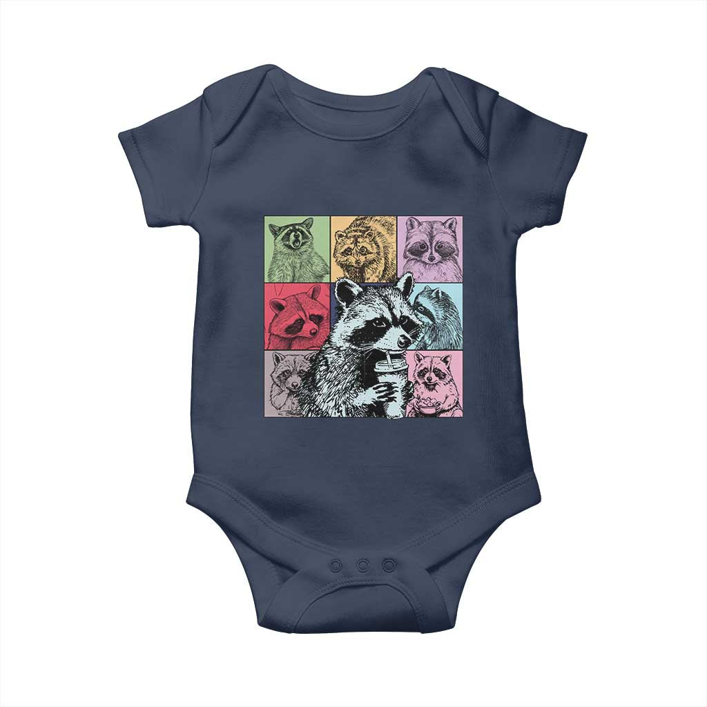 Raccoon Drinking Coffee Graphic Baby Onesie Funny Trash Panda Retro 90s Style TS02 Navy Print Your Wear