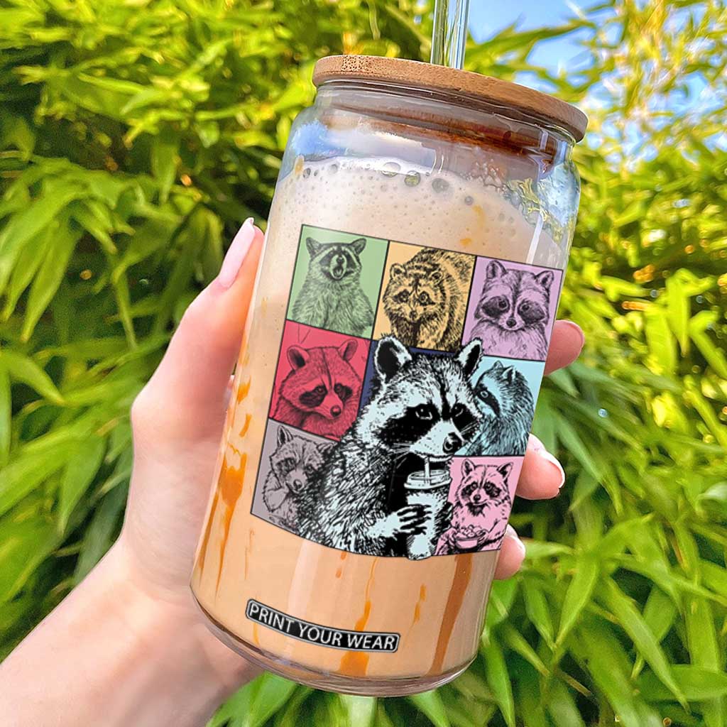 Raccoon Drinking Coffee Graphic Glass Can Funny Trash Panda Retro 90s Style TS02 White Print Your Wear