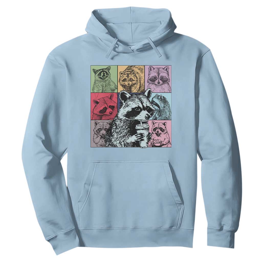 Raccoon Drinking Coffee Graphic Hoodie Funny Trash Panda Retro 90s Style TS02 Light Blue Print Your Wear