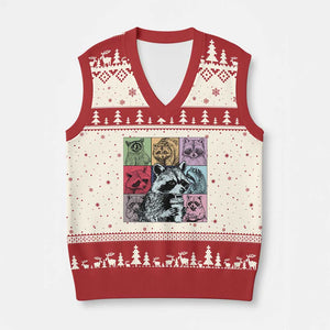 Raccoon Drinking Coffee Graphic V-Neck Knit Sweater Vest Funny Trash Panda Retro 90s Style TS02 Beige Red Print Your Wear
