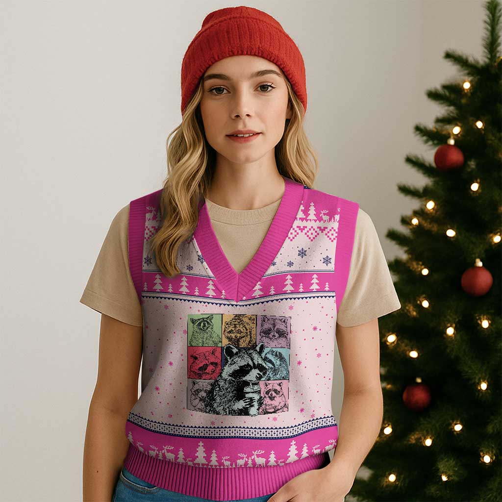 Raccoon Drinking Coffee Graphic V-Neck Knit Sweater Vest Funny Trash Panda Retro 90s Style TS02 Hot Pink Print Your Wear
