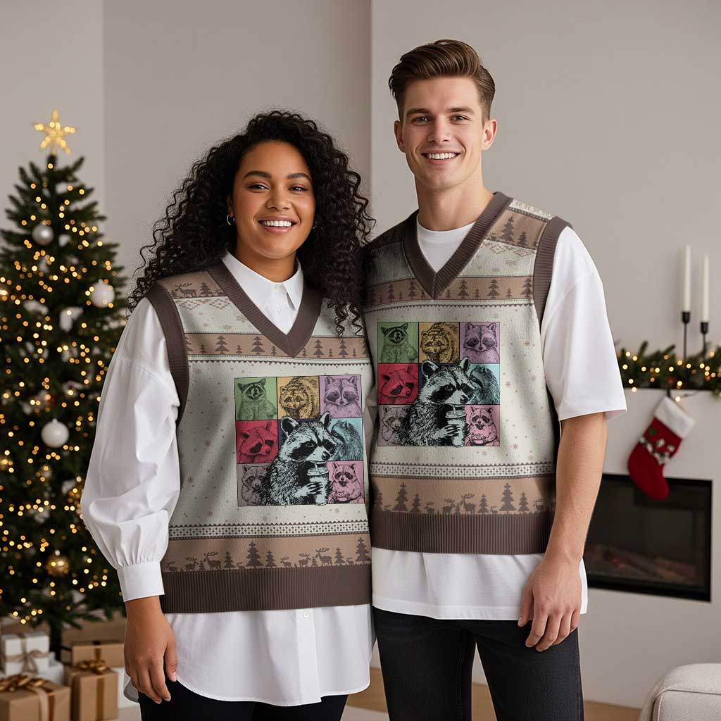 Raccoon Drinking Coffee Graphic V-Neck Knit Sweater Vest Funny Trash Panda Retro 90s Style TS02 Mocha Mousse Print Your Wear