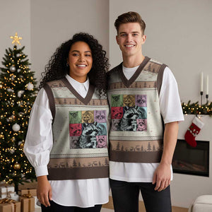 Raccoon Drinking Coffee Graphic V-Neck Knit Sweater Vest Funny Trash Panda Retro 90s Style TS02 Mocha Mousse Print Your Wear