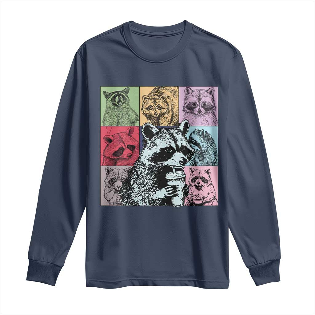 Raccoon Drinking Coffee Graphic Long Sleeve Shirt Funny Trash Panda Retro 90s Style TS02 Navy Print Your Wear