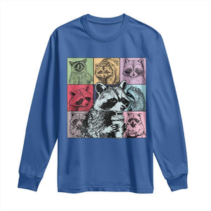 Raccoon Drinking Coffee Graphic Long Sleeve Shirt Funny Trash Panda Retro 90s Style TS02 Royal Blue Print Your Wear