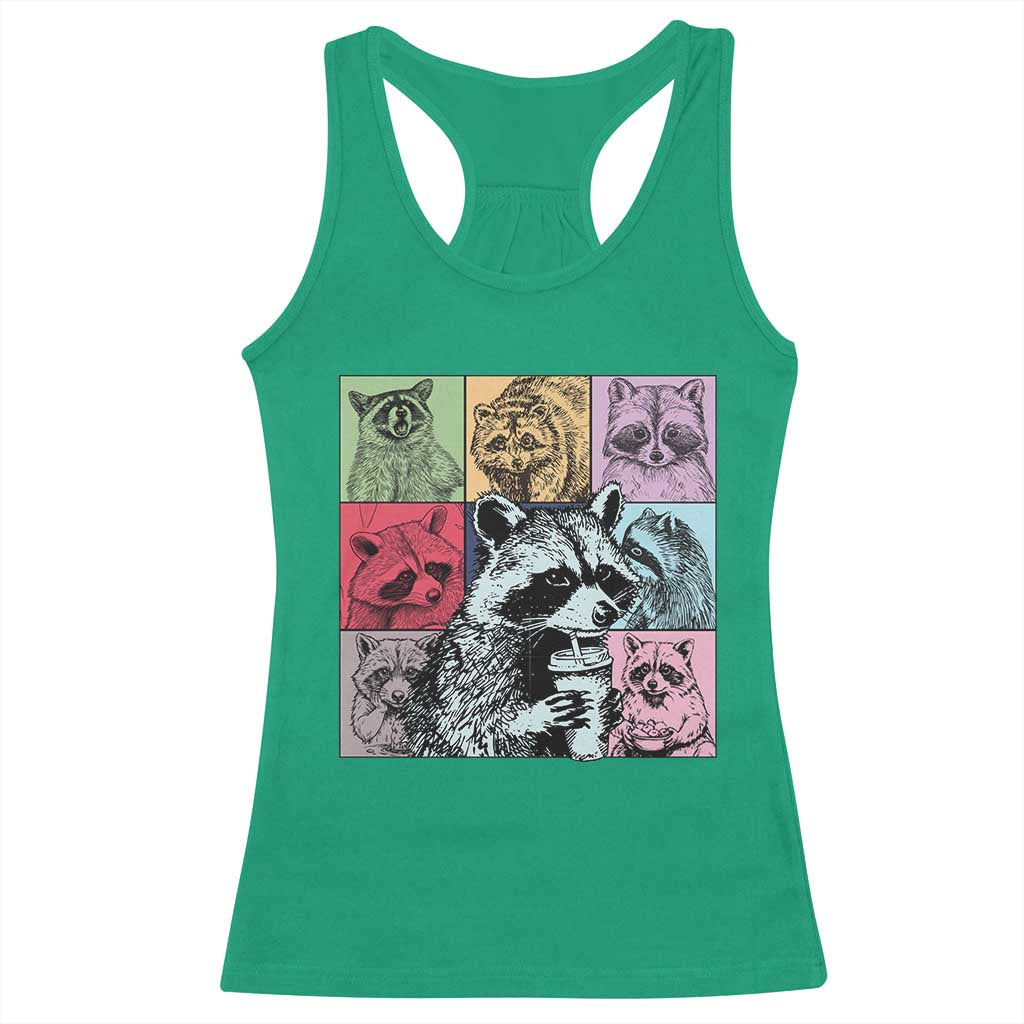 Raccoon Drinking Coffee Graphic Racerback Tank Top Funny Trash Panda Retro 90s Style TS02 Irish Green Print Your Wear