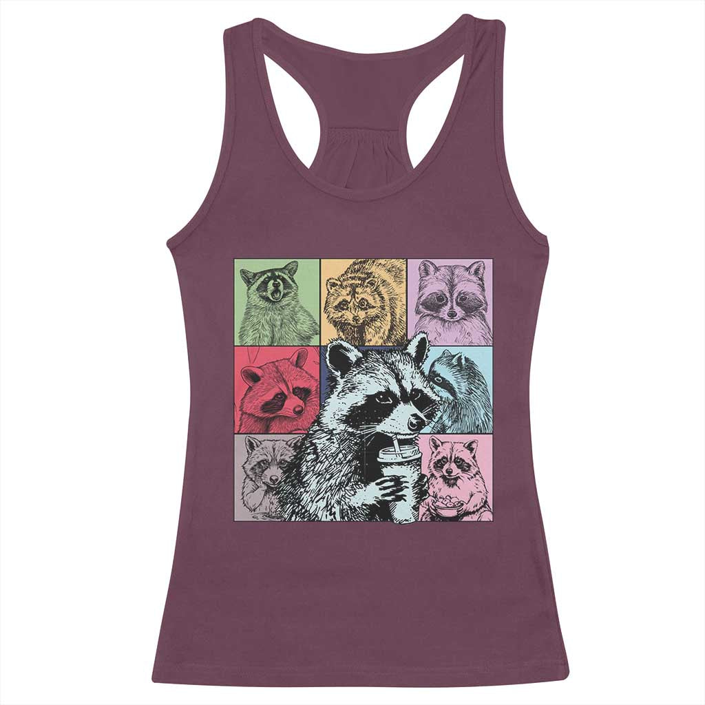 Raccoon Drinking Coffee Graphic Racerback Tank Top Funny Trash Panda Retro 90s Style TS02 Maroon Print Your Wear