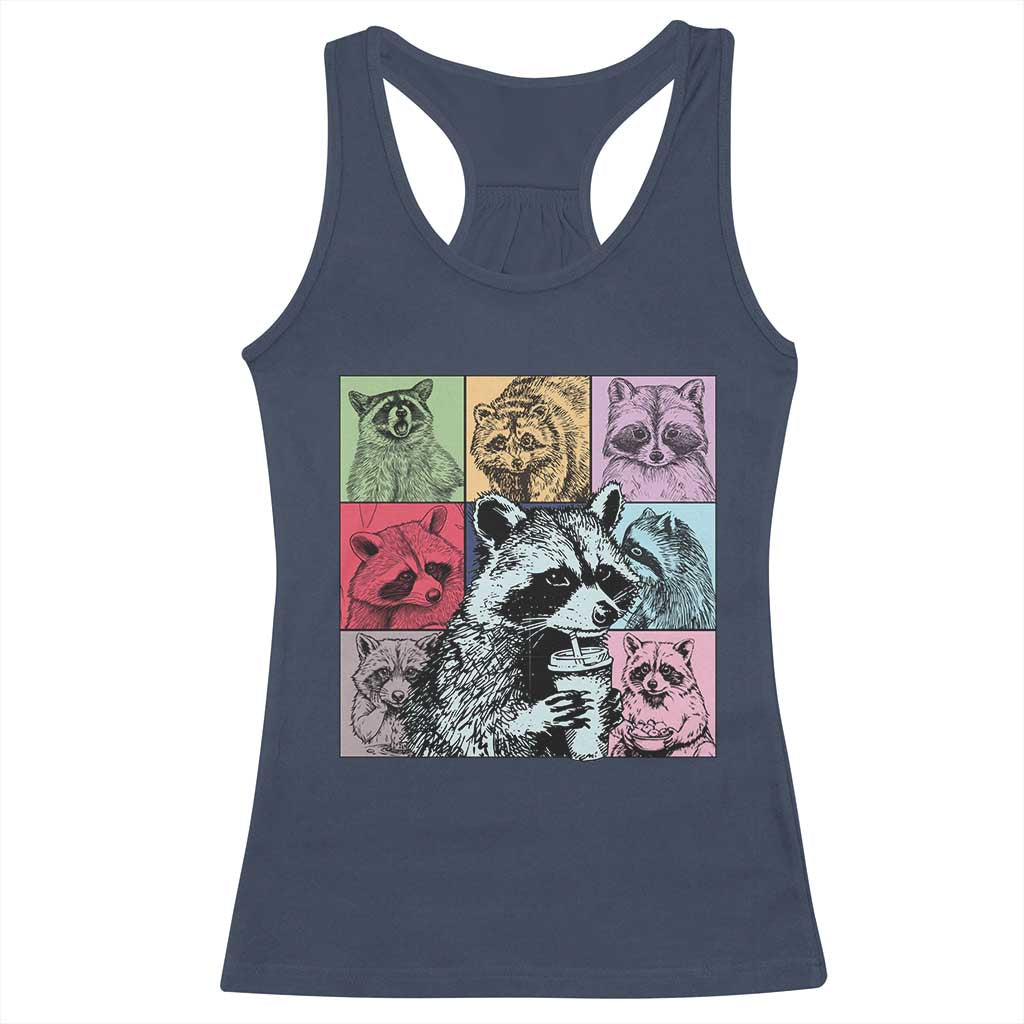 Raccoon Drinking Coffee Graphic Racerback Tank Top Funny Trash Panda Retro 90s Style TS02 Navy Print Your Wear