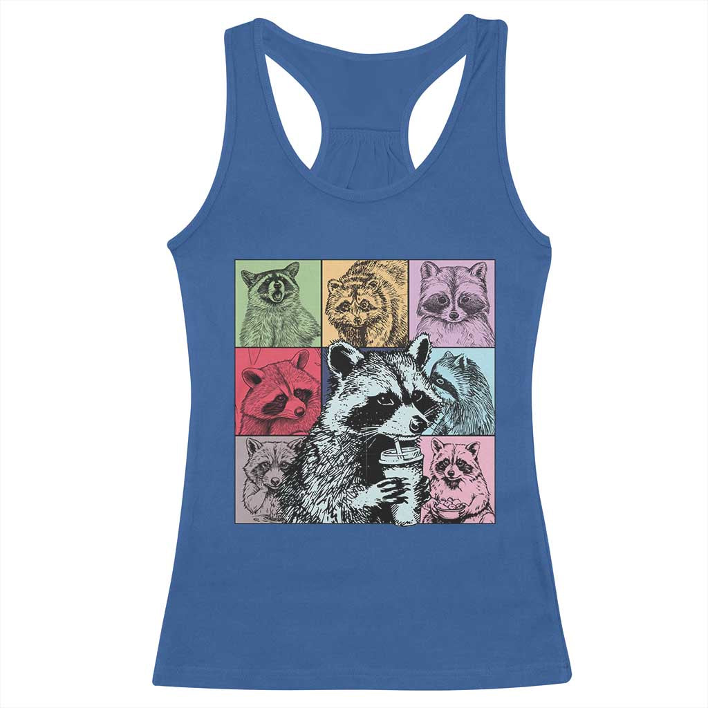 Raccoon Drinking Coffee Graphic Racerback Tank Top Funny Trash Panda Retro 90s Style TS02 Royal Blue Print Your Wear