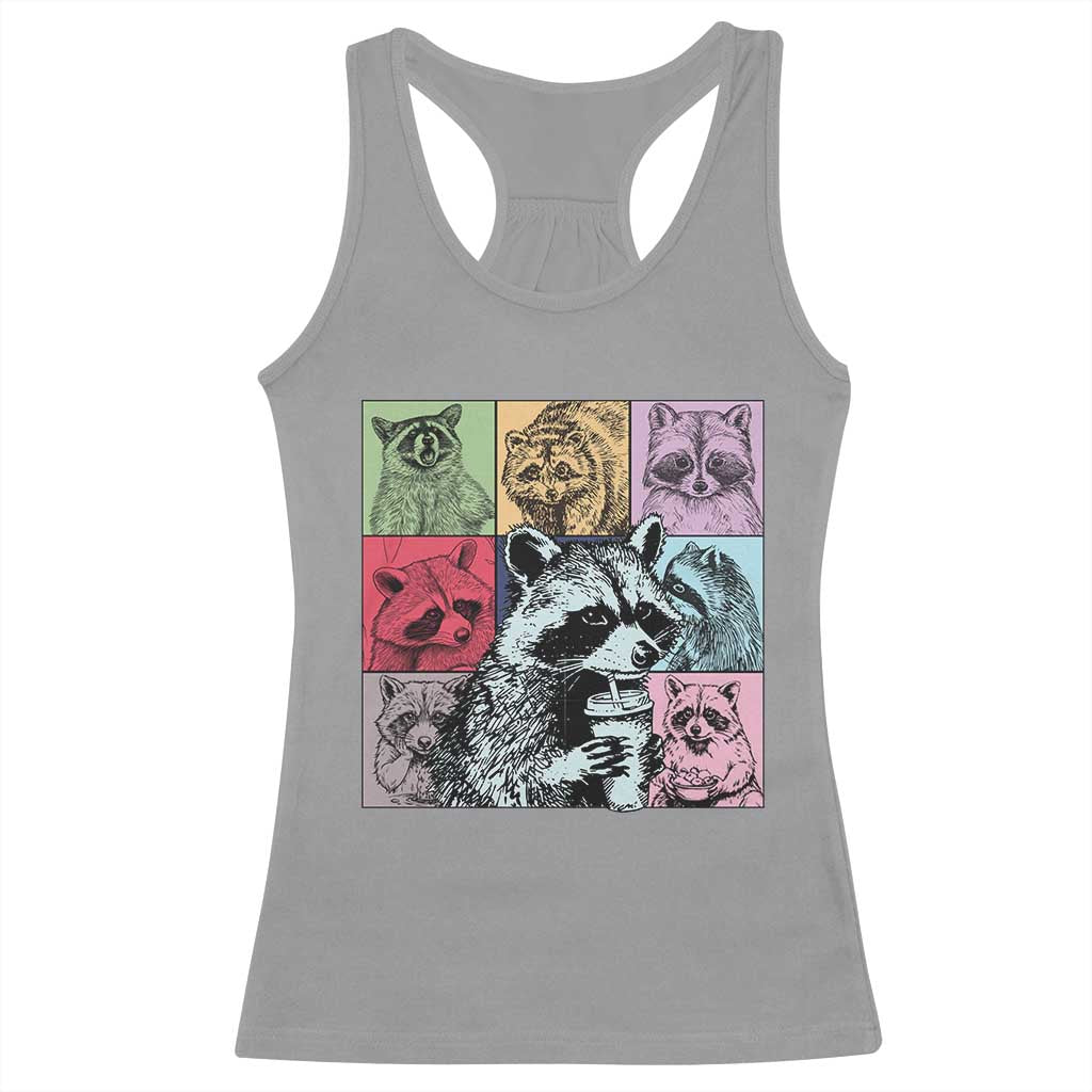 Raccoon Drinking Coffee Graphic Racerback Tank Top Funny Trash Panda Retro 90s Style TS02 Sport Gray Print Your Wear