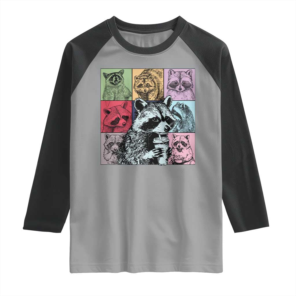 Raccoon Drinking Coffee Graphic Raglan Shirt Funny Trash Panda Retro 90s Style TS02 Sport Gray Black Print Your Wear