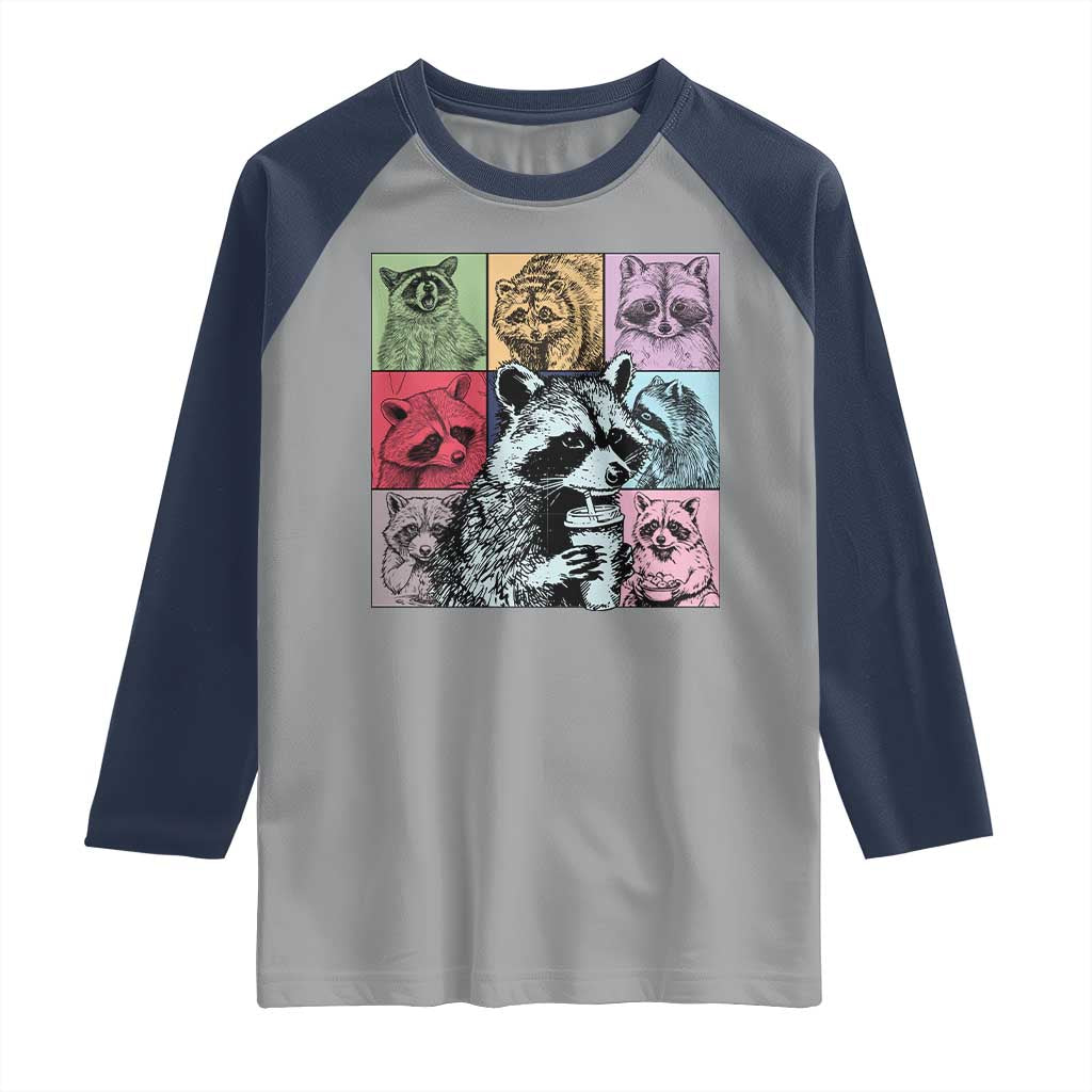 Raccoon Drinking Coffee Graphic Raglan Shirt Funny Trash Panda Retro 90s Style TS02 Sport Gray Navy Print Your Wear