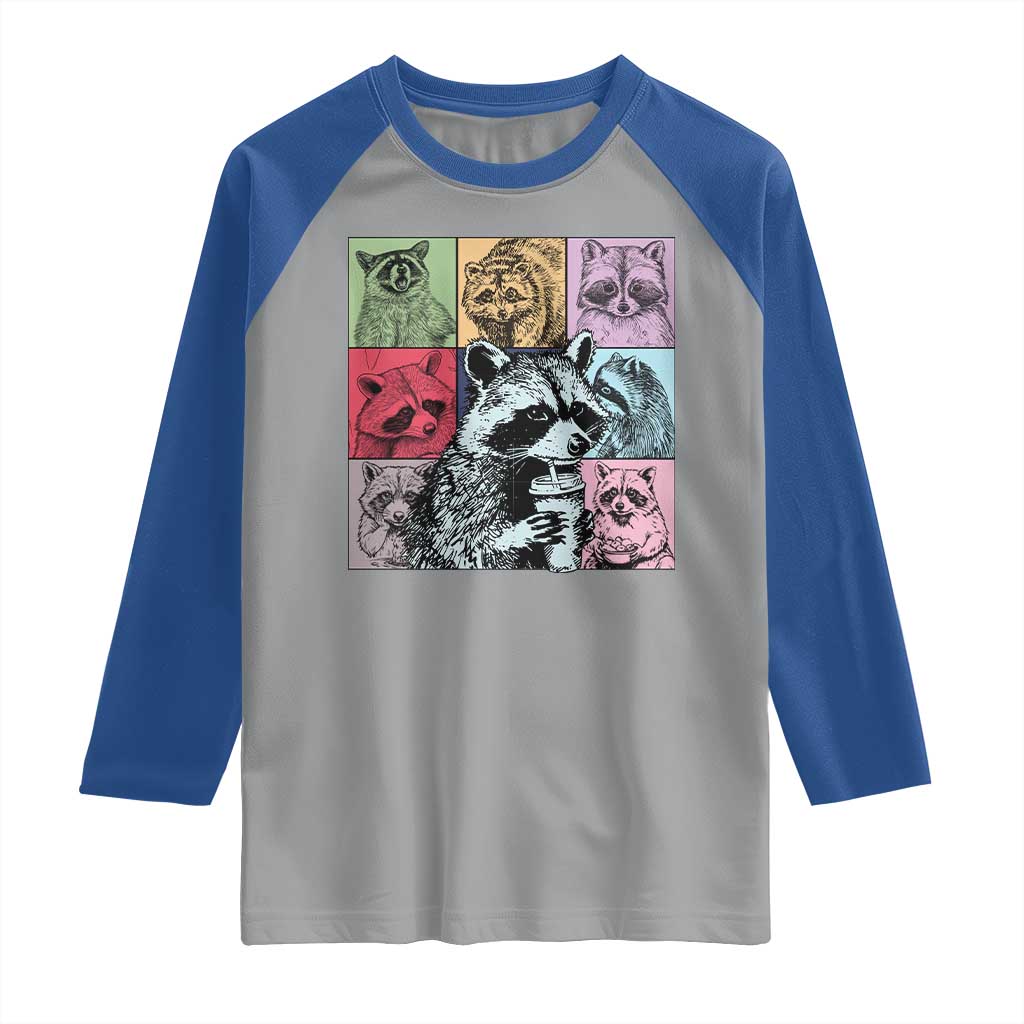 Raccoon Drinking Coffee Graphic Raglan Shirt Funny Trash Panda Retro 90s Style TS02 Sport Gray Royal Print Your Wear