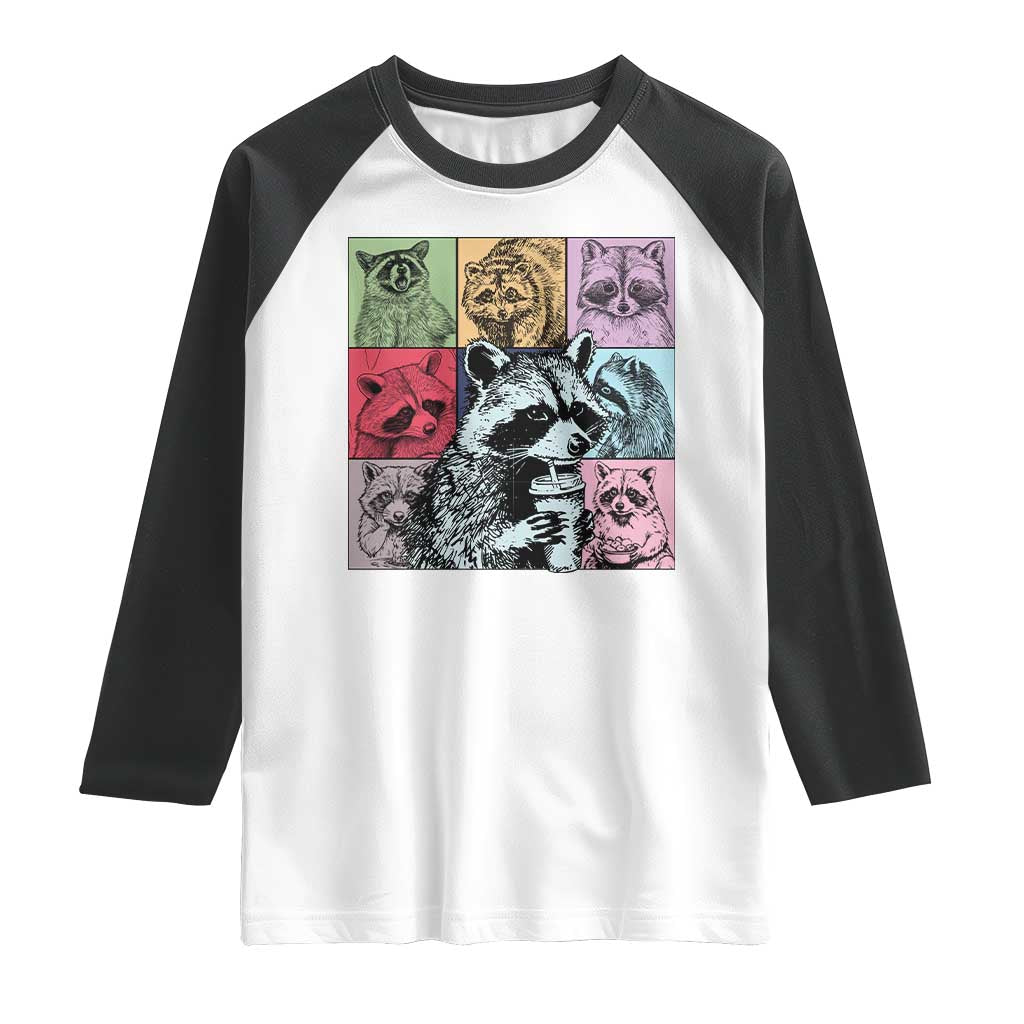 Raccoon Drinking Coffee Graphic Raglan Shirt Funny Trash Panda Retro 90s Style TS02 White Black Print Your Wear