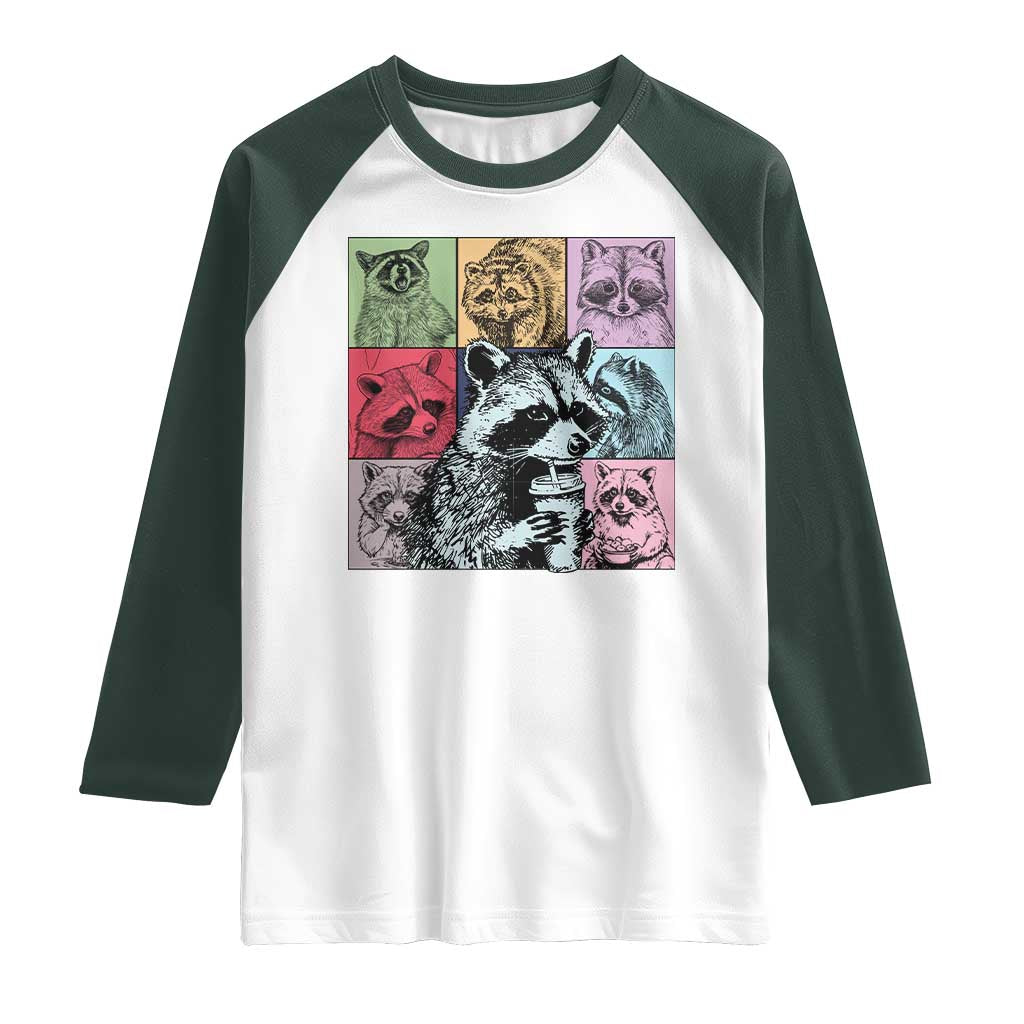 Raccoon Drinking Coffee Graphic Raglan Shirt Funny Trash Panda Retro 90s Style TS02 White Dark Forest Green Print Your Wear