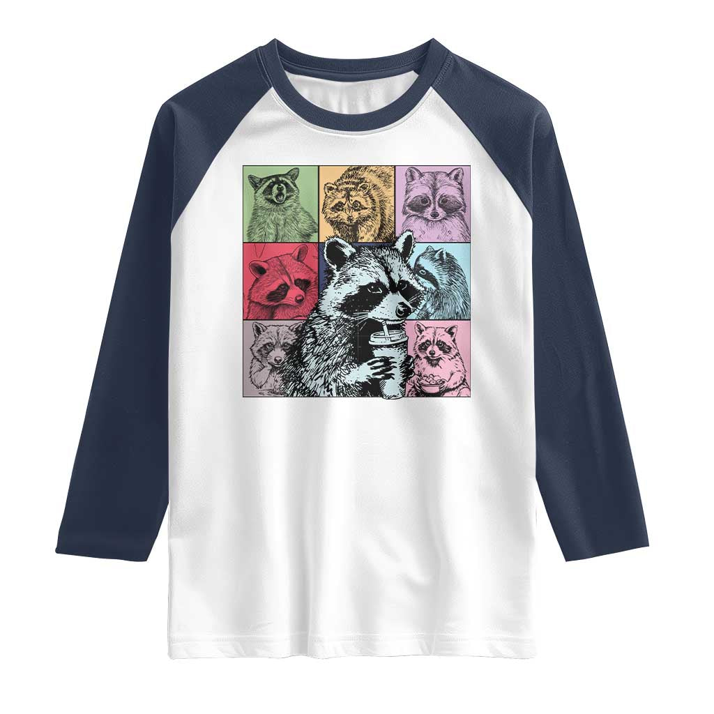 Raccoon Drinking Coffee Graphic Raglan Shirt Funny Trash Panda Retro 90s Style TS02 White Navy Print Your Wear