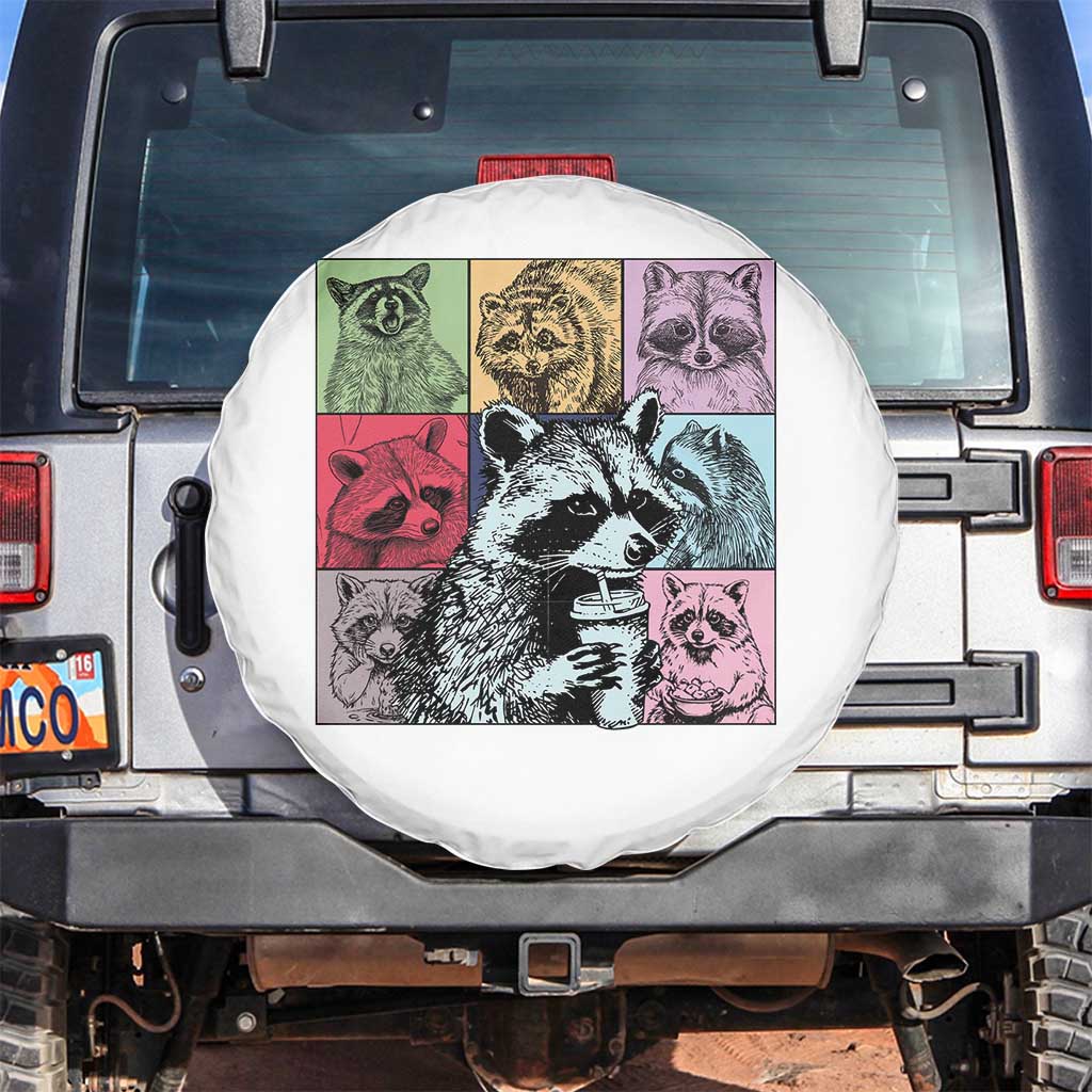 Raccoon Drinking Coffee Graphic Spare Tire Cover Funny Trash Panda Retro 90s Style TS02 No hole White Print Your Wear