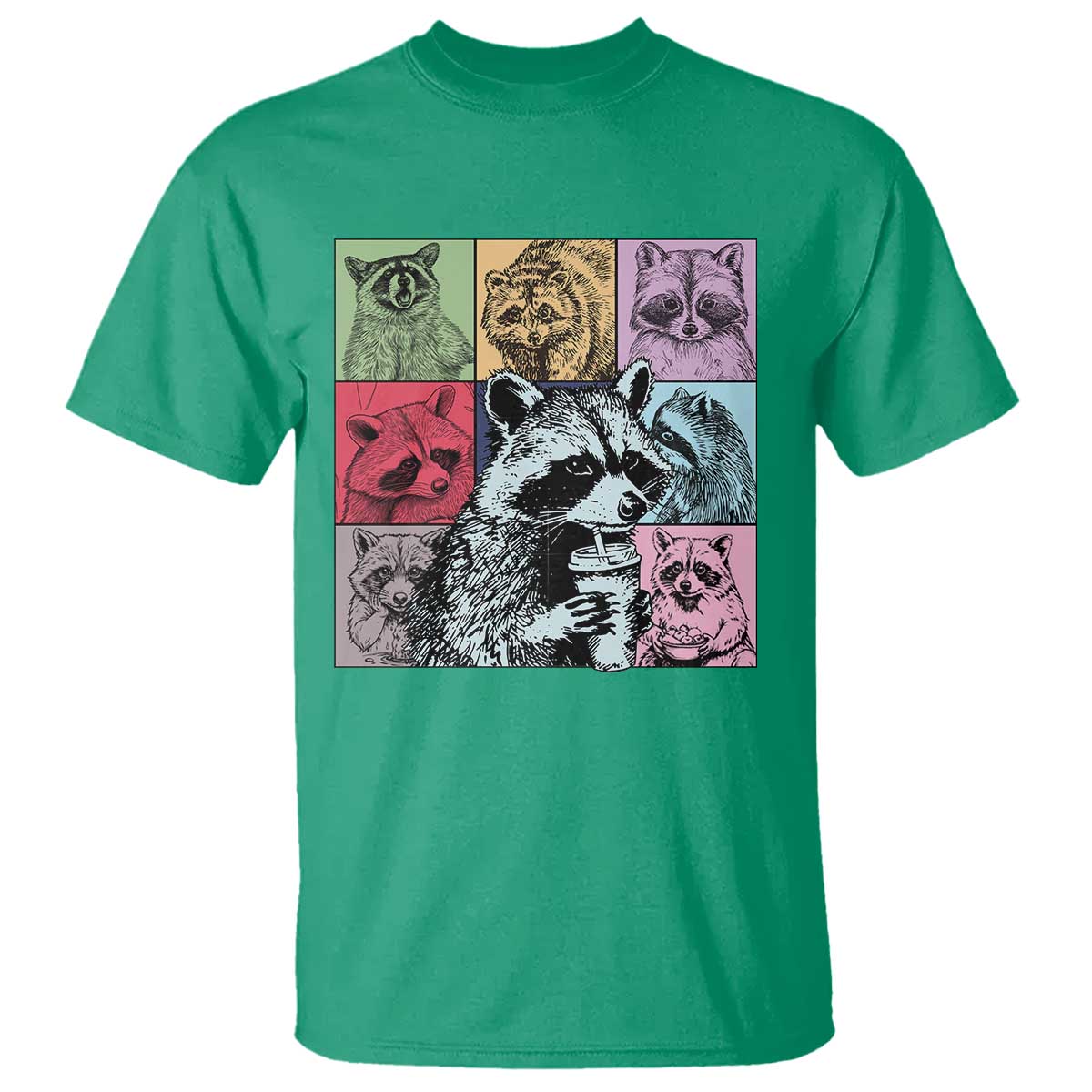 Raccoon Drinking Coffee Graphic T Shirt Funny Trash Panda Retro 90s Style TS02 Irish Green Print Your Wear