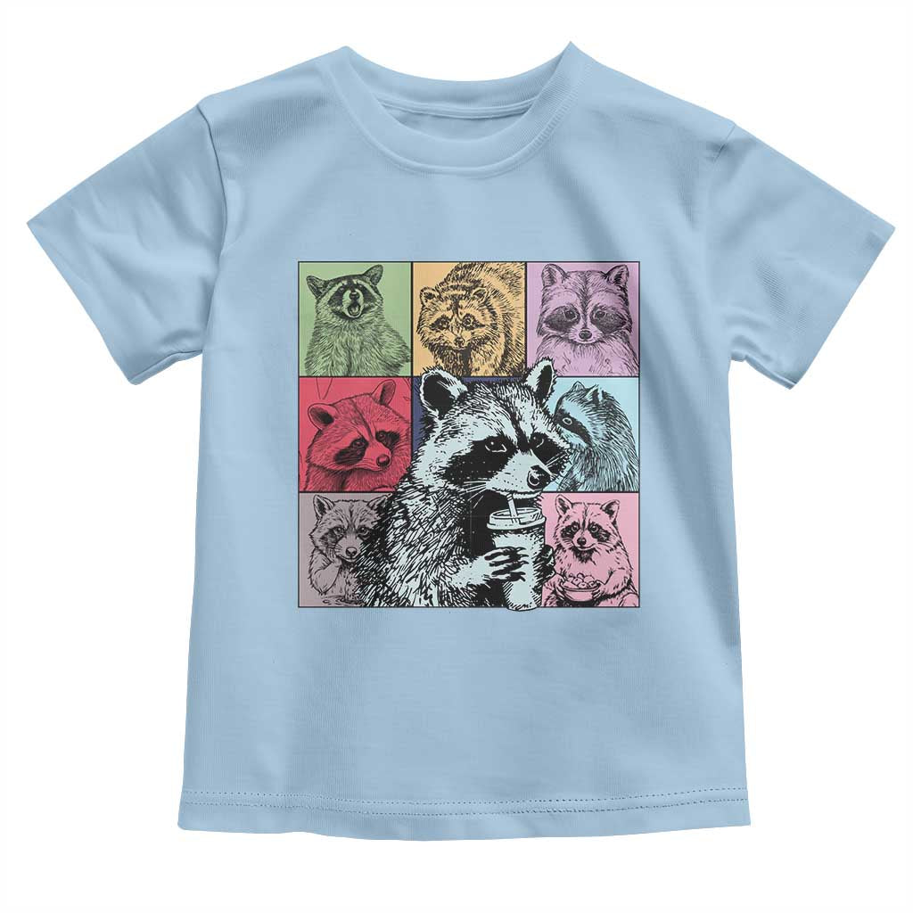 Raccoon Drinking Coffee Graphic Toddler T Shirt Funny Trash Panda Retro 90s Style TS02 Light Blue Print Your Wear