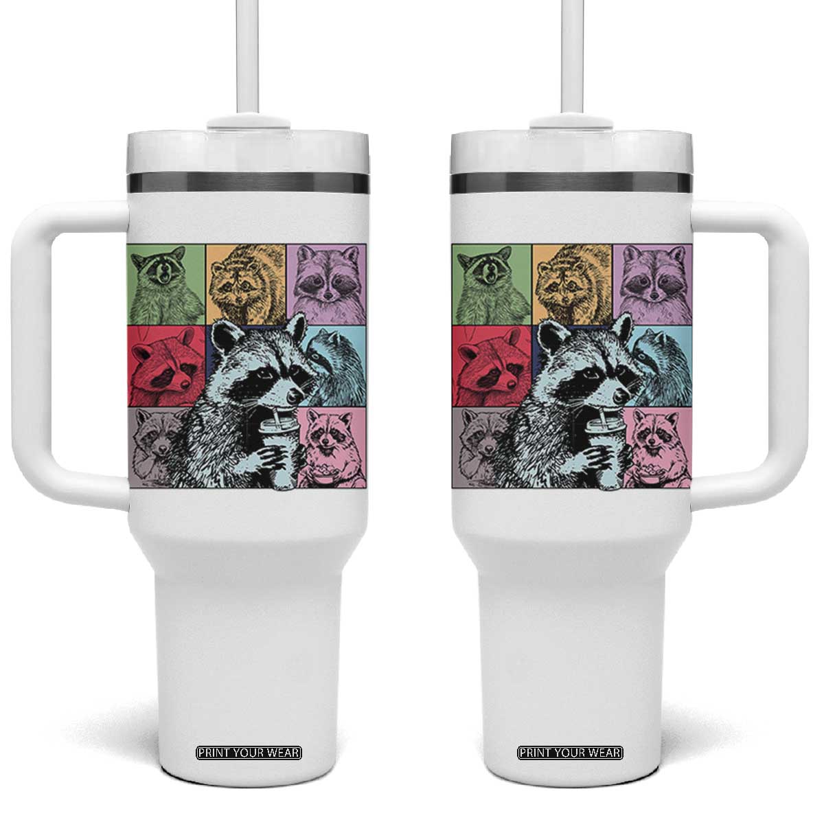 Raccoon Drinking Coffee Graphic Tumbler With Handle Funny Trash Panda Retro 90s Style TS02 One Size: 40 oz White Print Your Wear