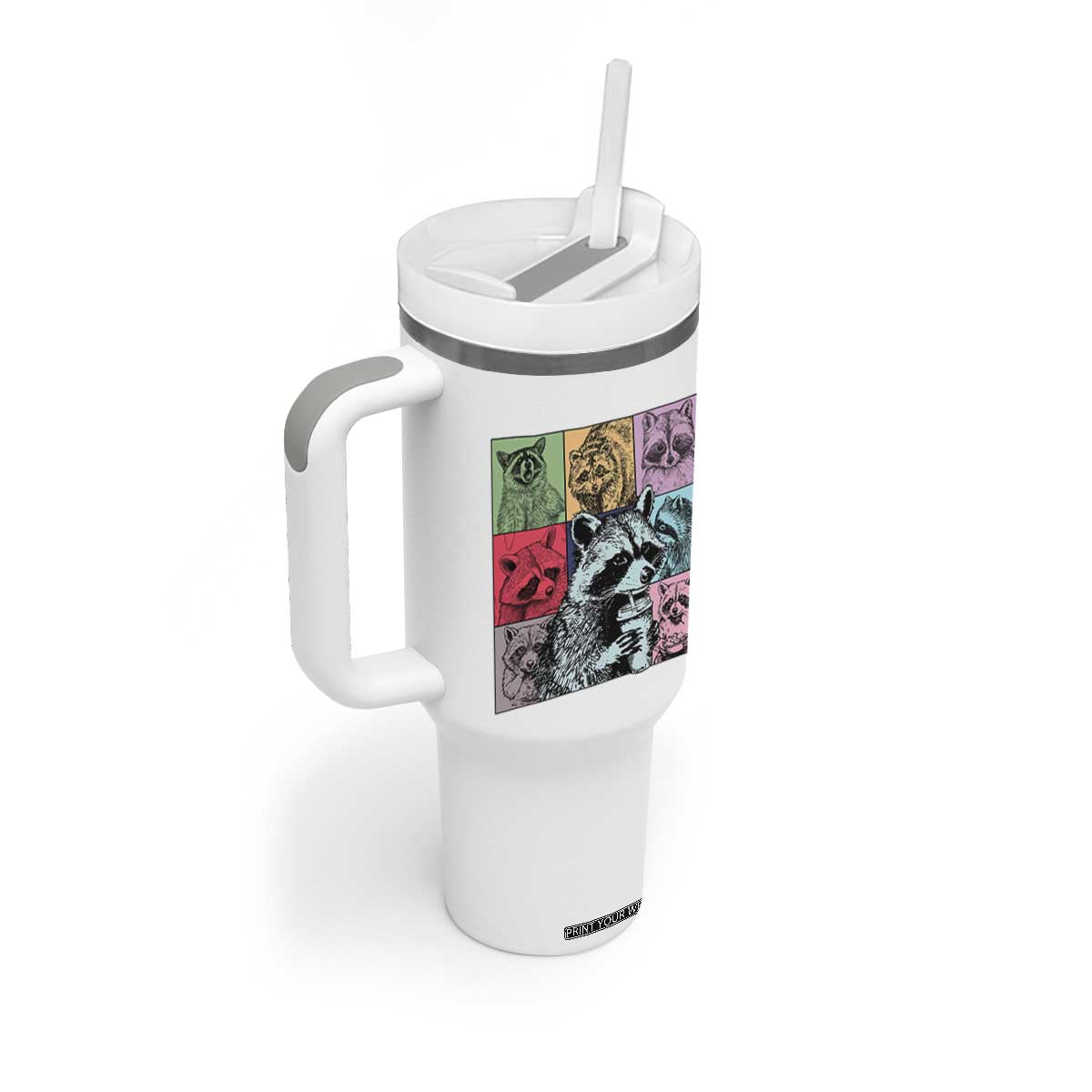 Raccoon Drinking Coffee Graphic Tumbler With Handle Funny Trash Panda Retro 90s Style TS02 Print Your Wear