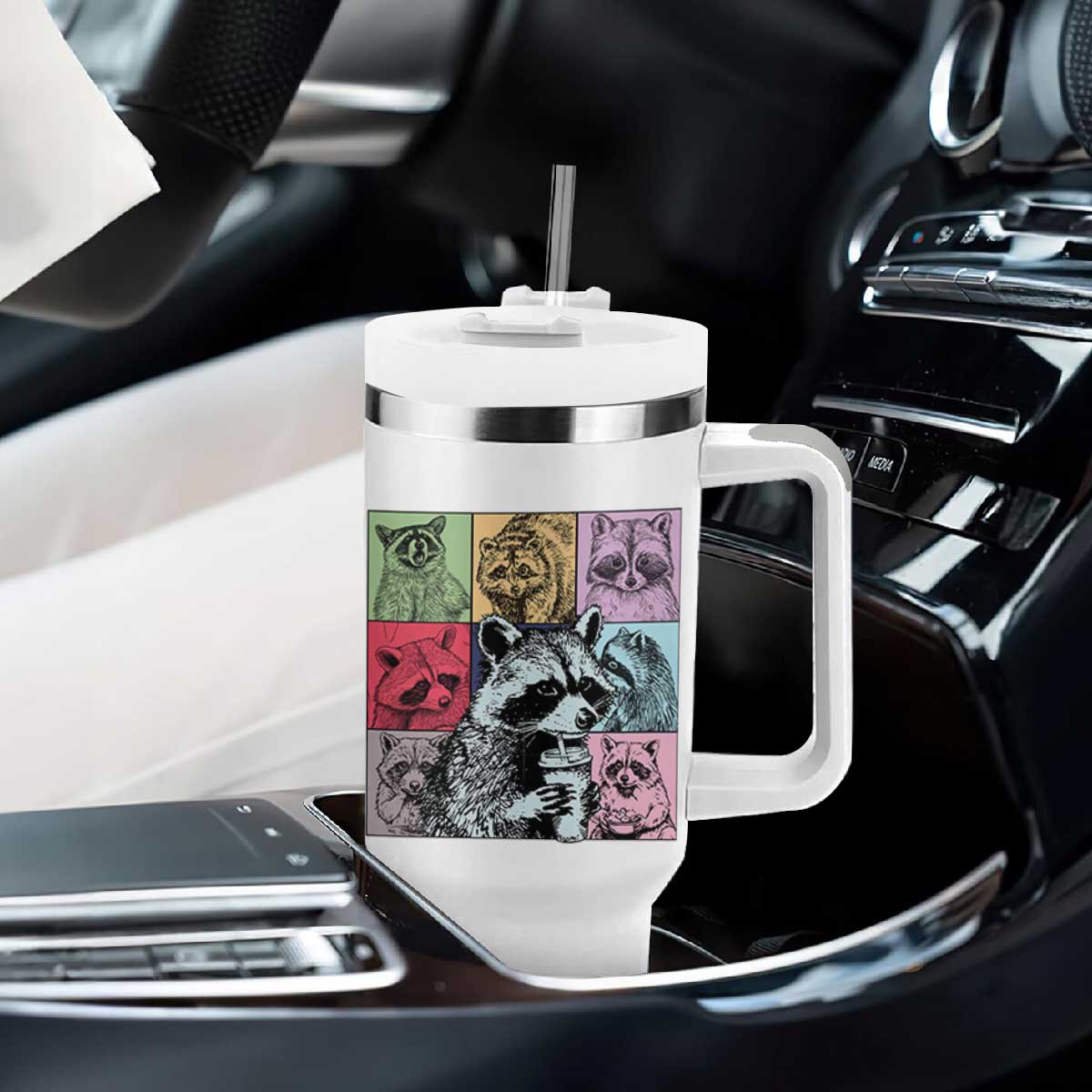 Raccoon Drinking Coffee Graphic Tumbler With Handle Funny Trash Panda Retro 90s Style TS02 Print Your Wear