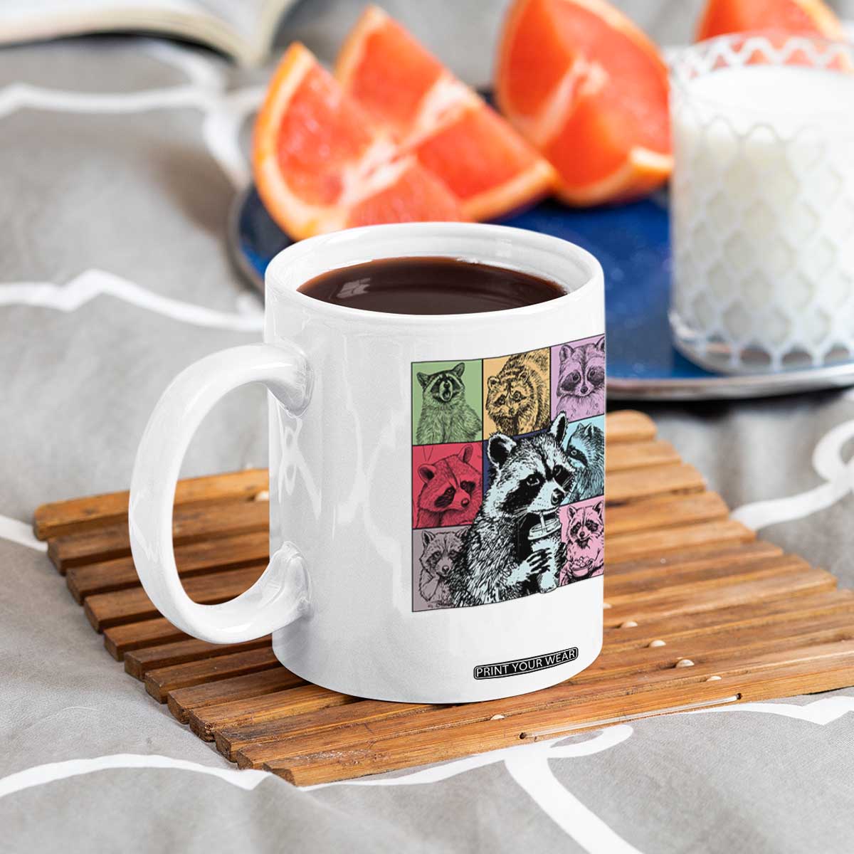 Raccoon Drinking Coffee Graphic Coffee Mug Funny Trash Panda Retro 90s Style TS02 Print Your Wear