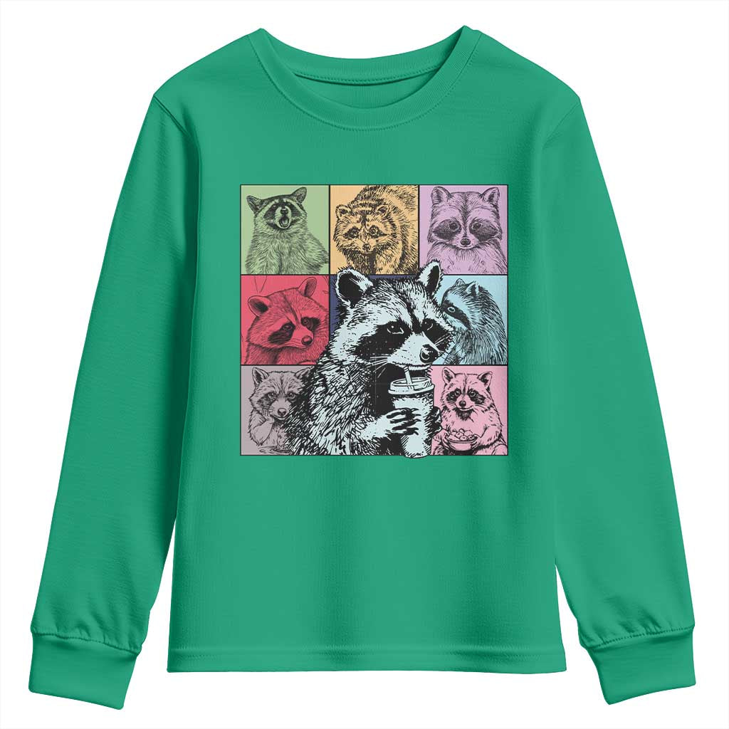 Raccoon Drinking Coffee Graphic Youth Sweatshirt Funny Trash Panda Retro 90s Style TS02 Irish Green Print Your Wear