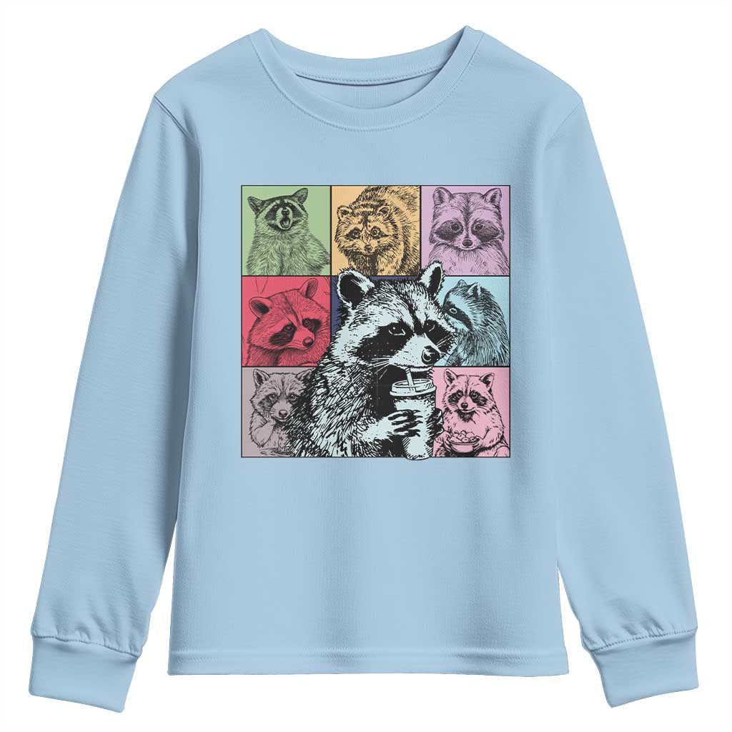 Raccoon Drinking Coffee Graphic Youth Sweatshirt Funny Trash Panda Retro 90s Style TS02 Light Blue Print Your Wear