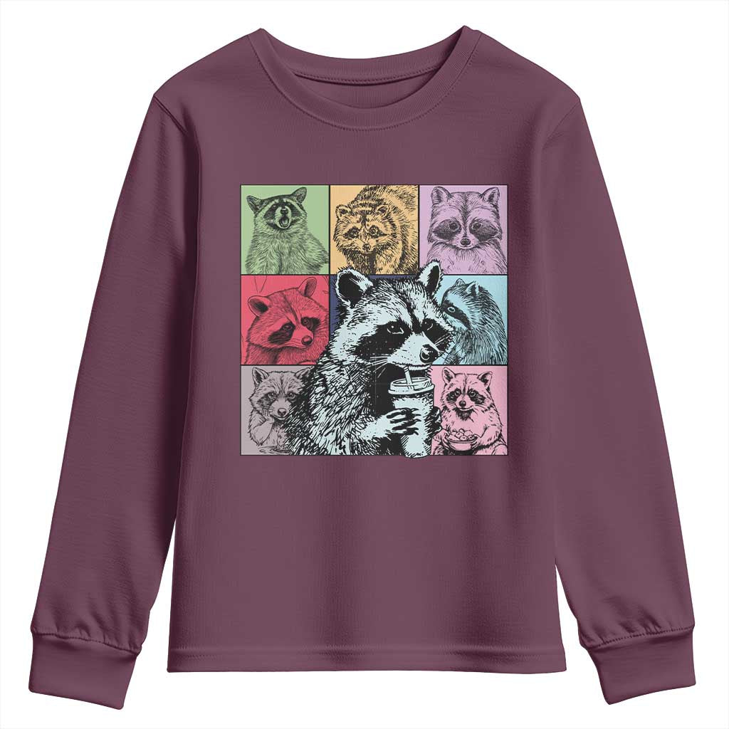 Raccoon Drinking Coffee Graphic Youth Sweatshirt Funny Trash Panda Retro 90s Style TS02 Maroon Print Your Wear