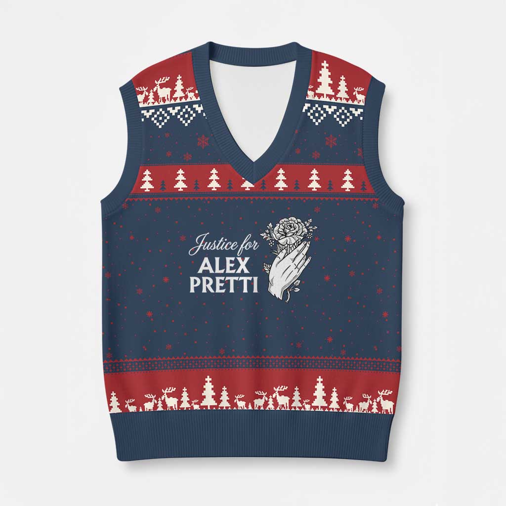 Justice for Alex Pretti Floral Memorial V-Neck Knit Sweater Vest Minneapolis Jan 24 2026 Tribute TS02 Navy Red Print Your Wear