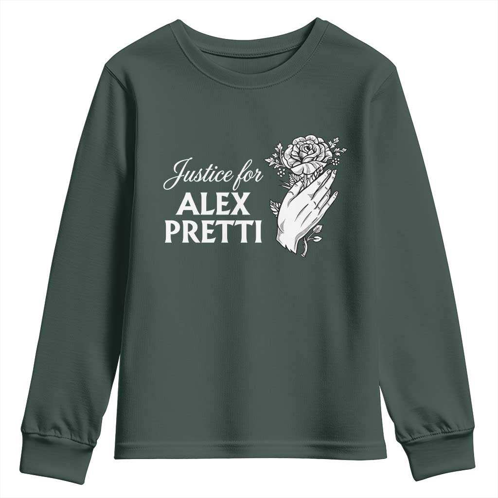 Justice for Alex Pretti Floral Memorial Youth Sweatshirt Minneapolis Jan 24 2026 Tribute TS02 Dark Forest Green Print Your Wear