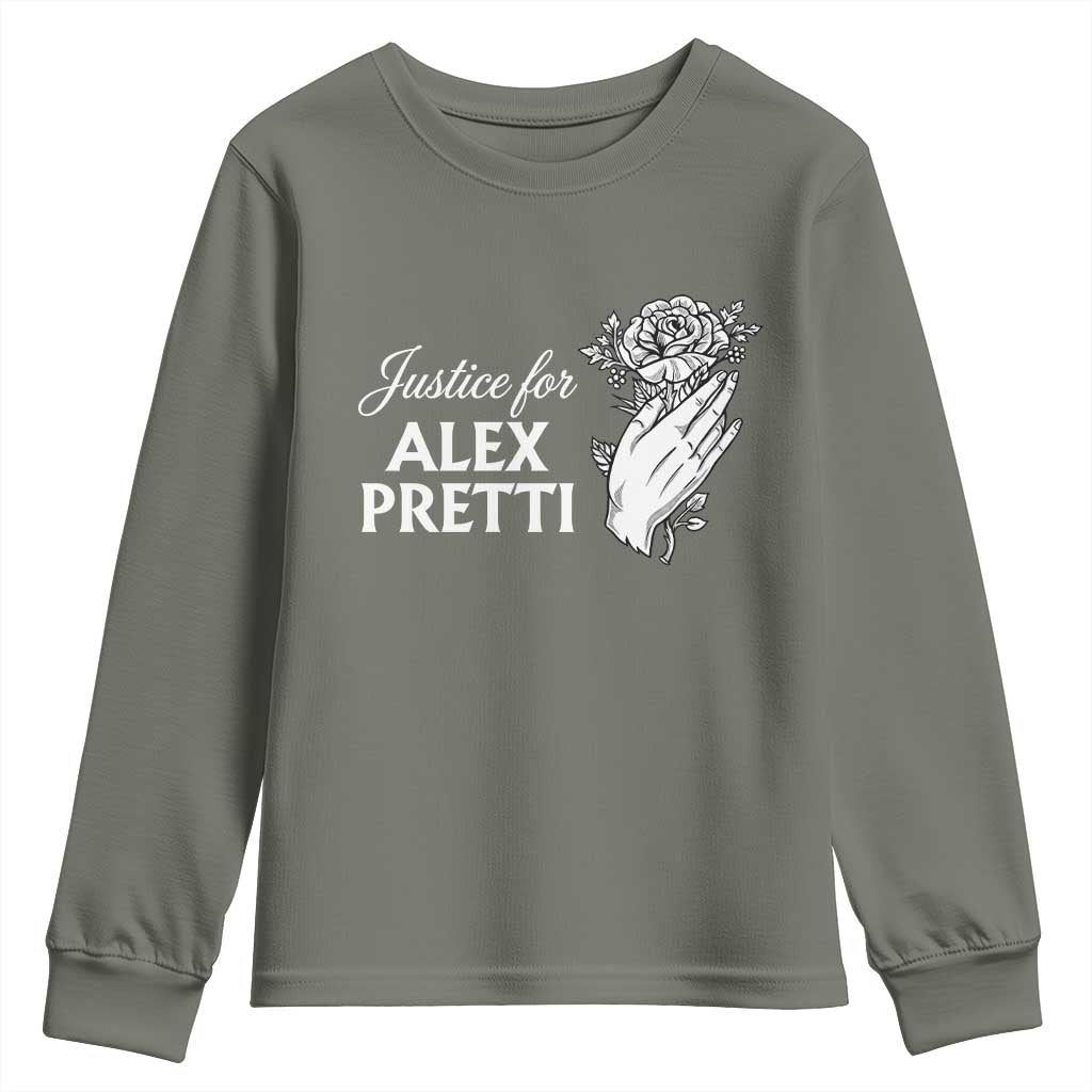 Justice for Alex Pretti Floral Memorial Youth Sweatshirt Minneapolis Jan 24 2026 Tribute TS02 Military Green Print Your Wear
