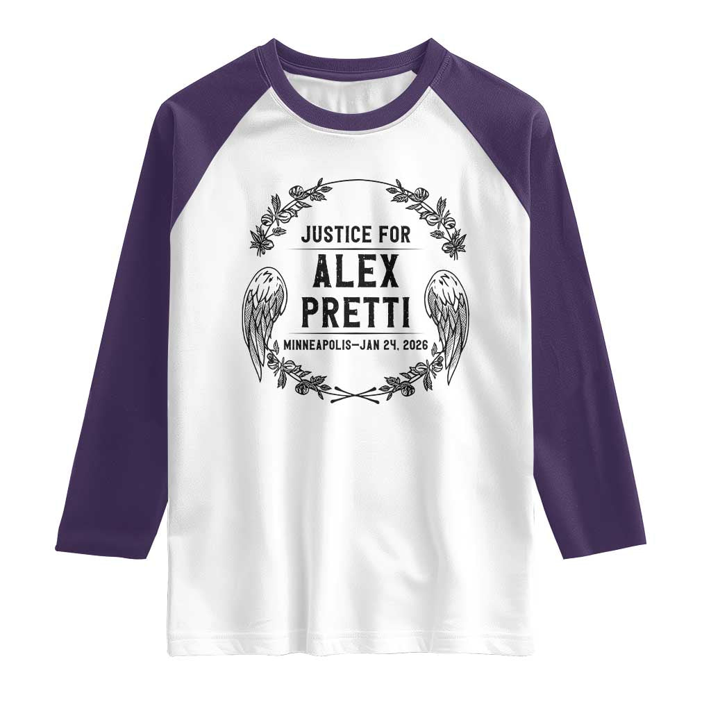 Justice for Alex Pretti Raglan Shirt Minneapolis January 24 2026 Tribute Memorial Wreath TS02 White Purple Print Your Wear