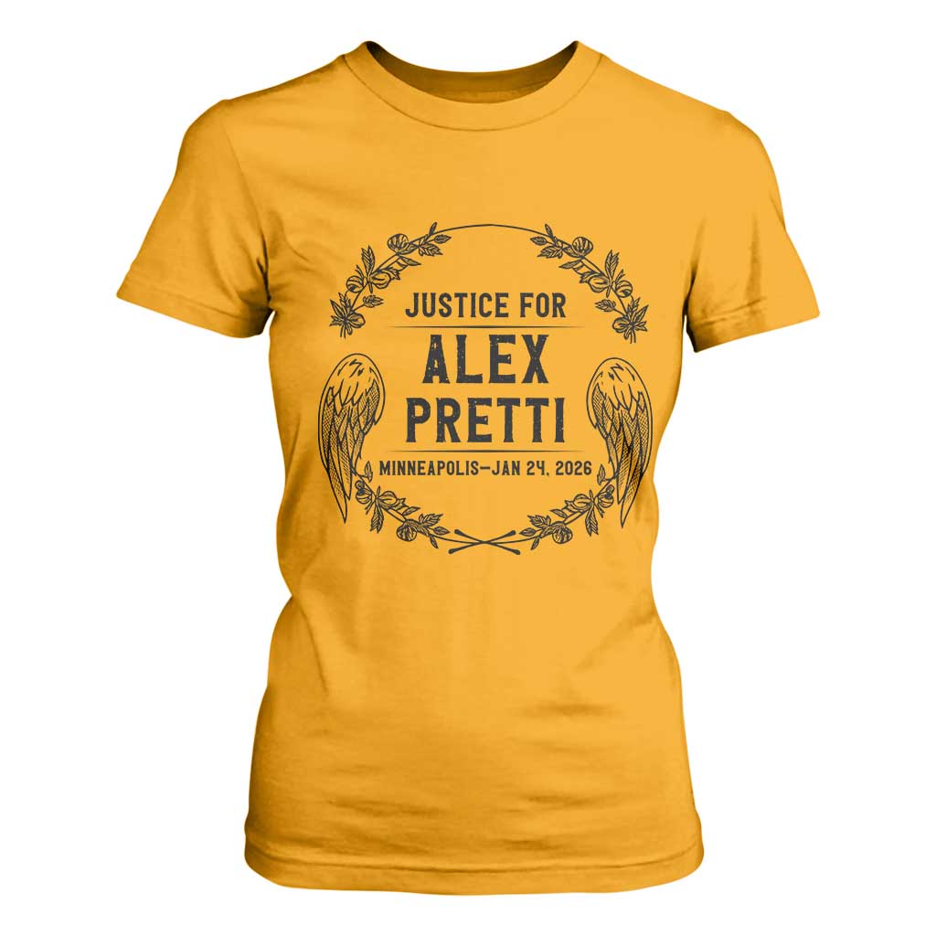 Justice for Alex Pretti T Shirt For Women Minneapolis January 24 2026 Tribute Memorial Wreath TS02 Gold Print Your Wear