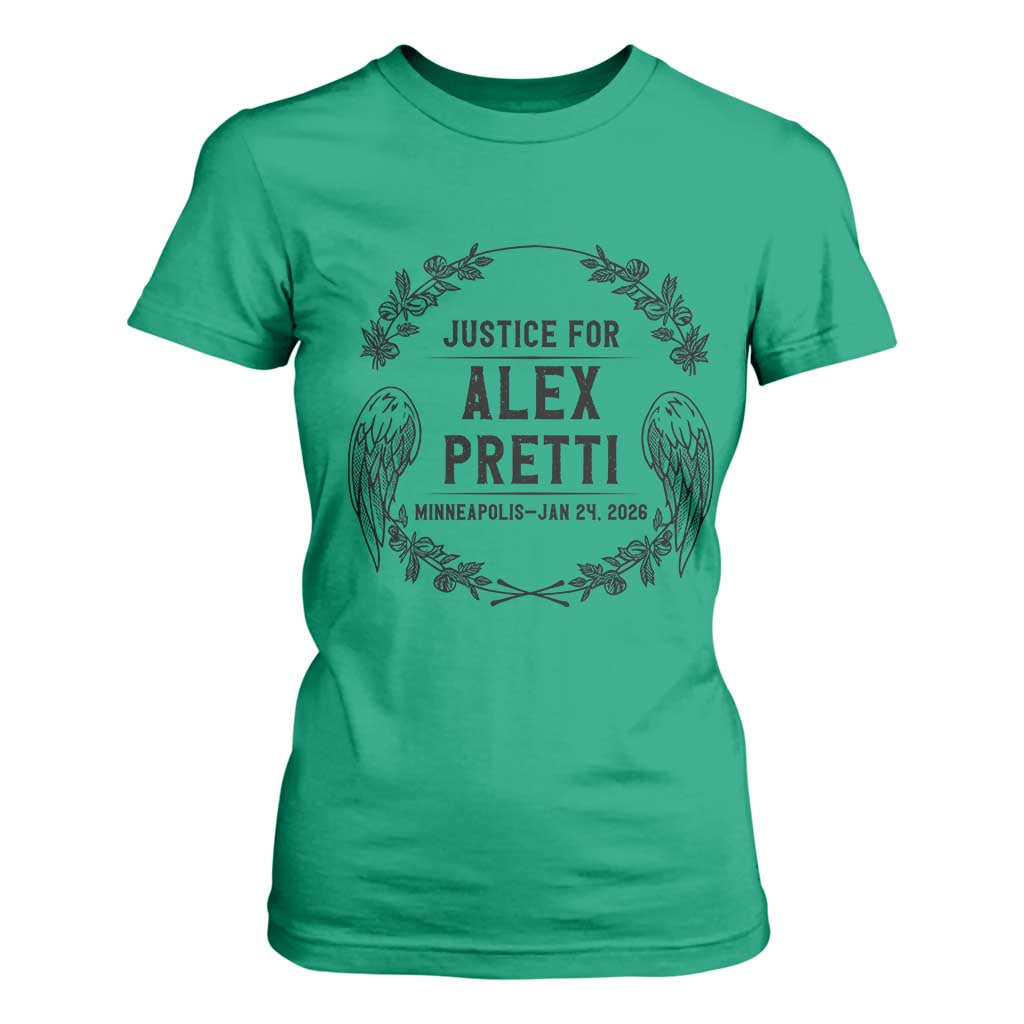 Justice for Alex Pretti T Shirt For Women Minneapolis January 24 2026 Tribute Memorial Wreath TS02 Irish Green Print Your Wear