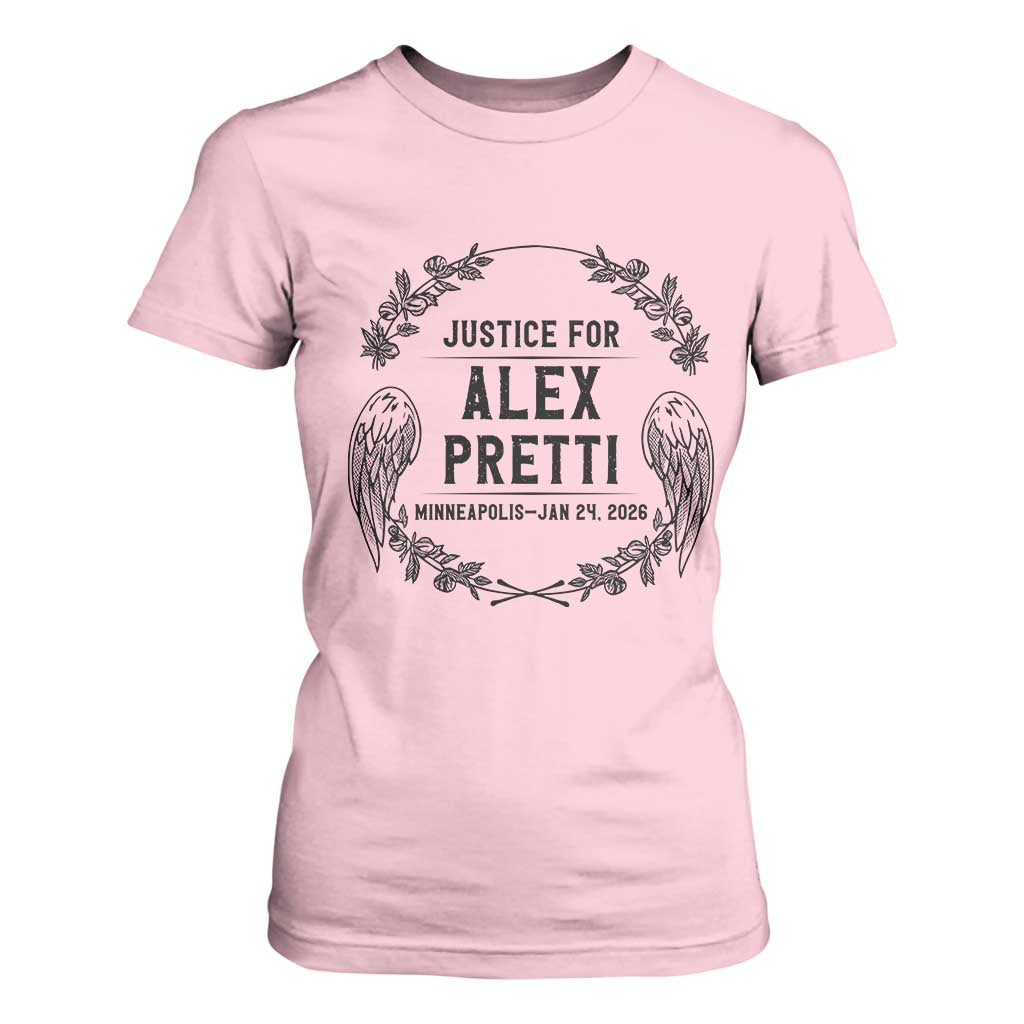 Justice for Alex Pretti T Shirt For Women Minneapolis January 24 2026 Tribute Memorial Wreath TS02 Light Pink Print Your Wear