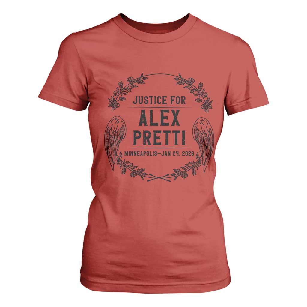 Justice for Alex Pretti T Shirt For Women Minneapolis January 24 2026 Tribute Memorial Wreath TS02 Red Print Your Wear