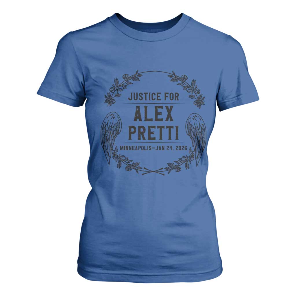 Justice for Alex Pretti T Shirt For Women Minneapolis January 24 2026 Tribute Memorial Wreath TS02 Royal Blue Print Your Wear