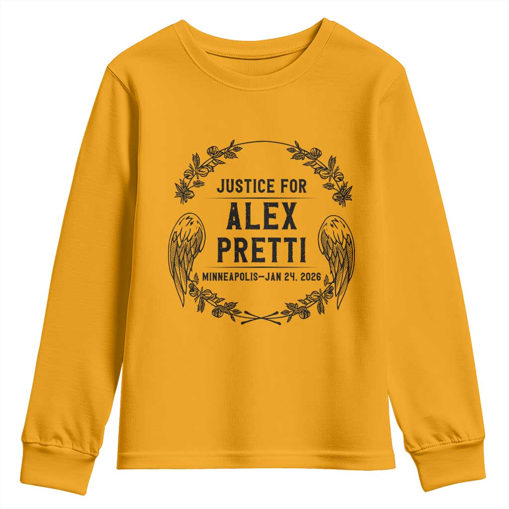 Justice for Alex Pretti Youth Sweatshirt Minneapolis January 24 2026 Tribute Memorial Wreath TS02 Gold Print Your Wear