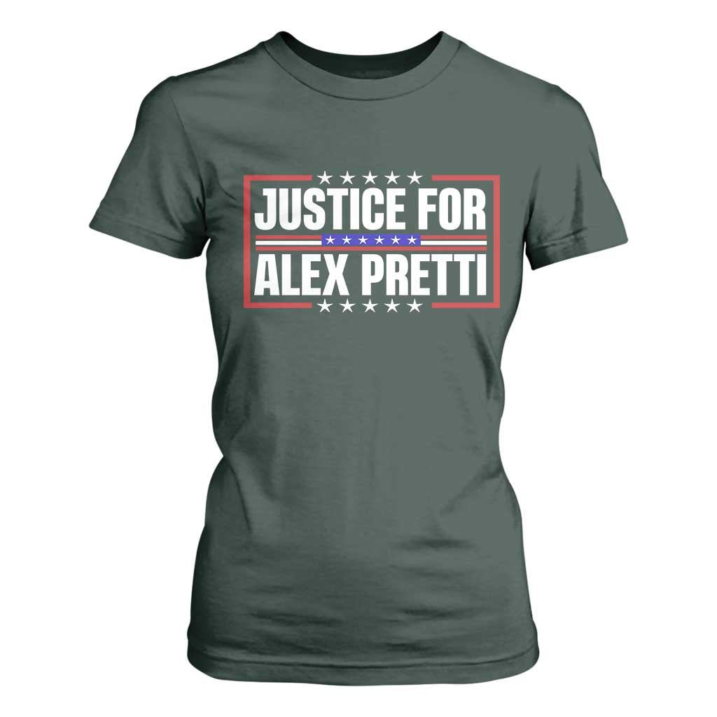 Justice for Alex Pretti Patriotic T Shirt For Women Minneapolis Jan 24 2026 Memorial Red White and Blue TS02 Dark Forest Green Print Your Wear