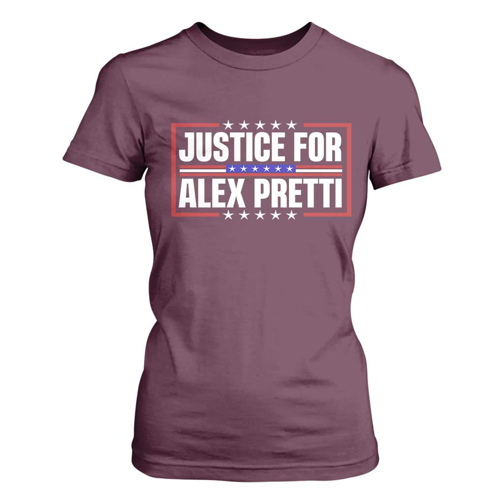 Justice for Alex Pretti Patriotic T Shirt For Women Minneapolis Jan 24 2026 Memorial Red White and Blue TS02 Maroon Print Your Wear