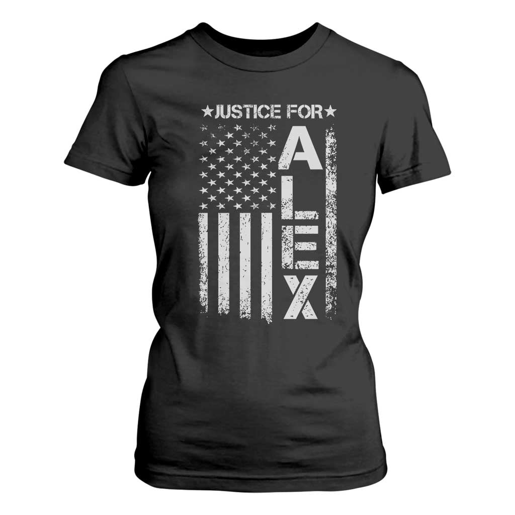 Justice for Alex Pretti American Flag T Shirt For Women Minneapolis Jan 24 2026 Memorial Tribute TS02 Black Print Your Wear