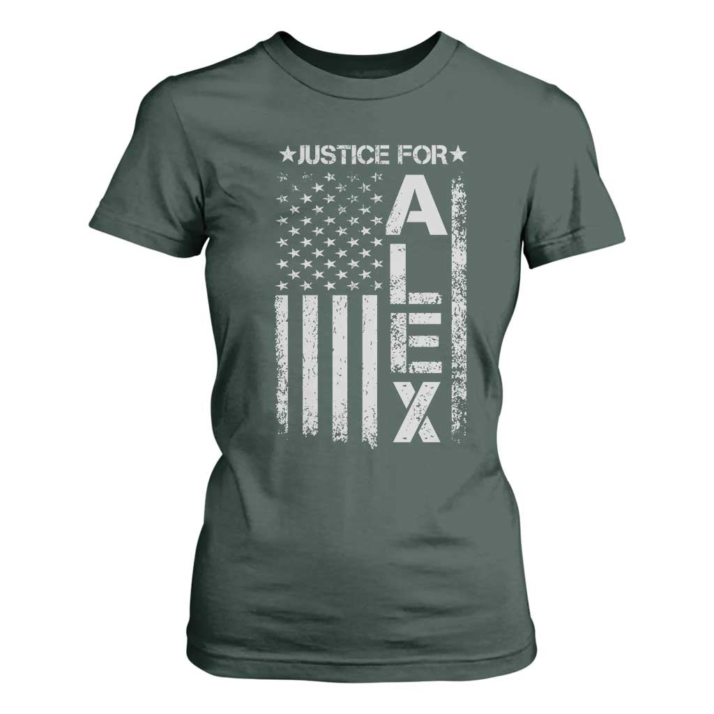 Justice for Alex Pretti American Flag T Shirt For Women Minneapolis Jan 24 2026 Memorial Tribute TS02 Dark Forest Green Print Your Wear
